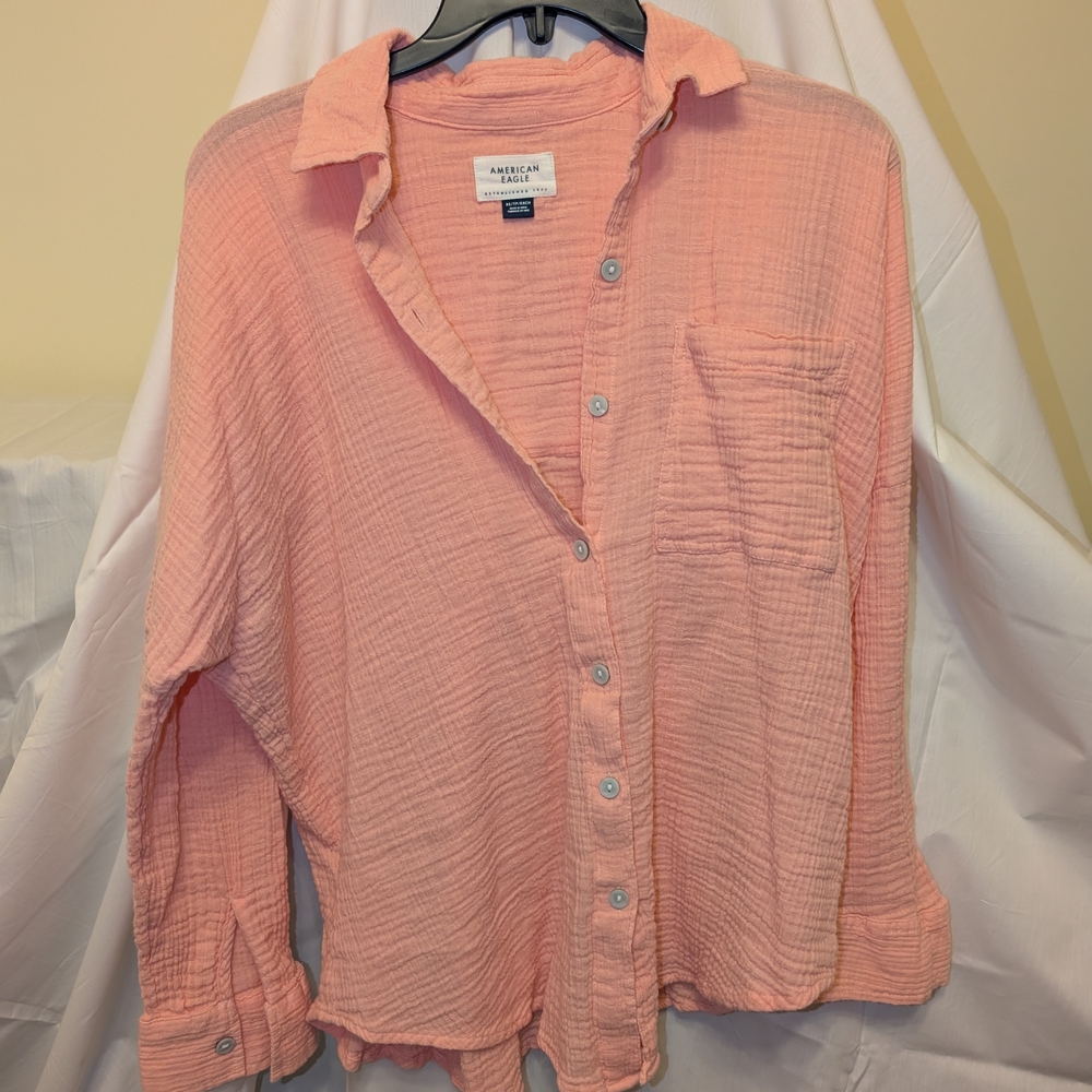 American Eagle Outfitters Peach Gauze Button-Down Shirt